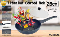 Thumbnail for KOMAN Non-Stick Titanium Coating Wok Pan 26cm + Glass Lid