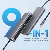 Thumbnail for UGREEN Type C 9 in 1 Multifunction Adapter- HDMI/ VGA/Gigabit/TypeC/USB3.0 x 3/SD/TF (40873)