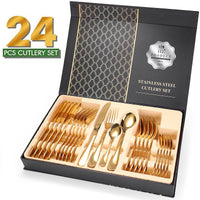 Thumbnail for 24-Piece Stainless Steel Gold Set, Knife Fork Spoon Flatware Set Cutlery Set, Mirror Finish