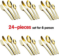 Thumbnail for 24-Piece Stainless Steel Gold Set, Knife Fork Spoon Flatware Set Cutlery Set, Mirror Finish