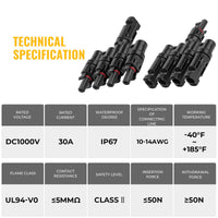 Thumbnail for 1 Pair 4 To 1 4 branch Waterproof T Branch Cable Connectors Solar PV Panel Connector Male & Female