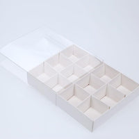 Thumbnail for 100 Pack of White Card Chocolate Sweet Soap Product Reatail Gift Box - 12 bay 4x4x3cm Compartments  - Clear Slide On Lid - 16x12x3cm