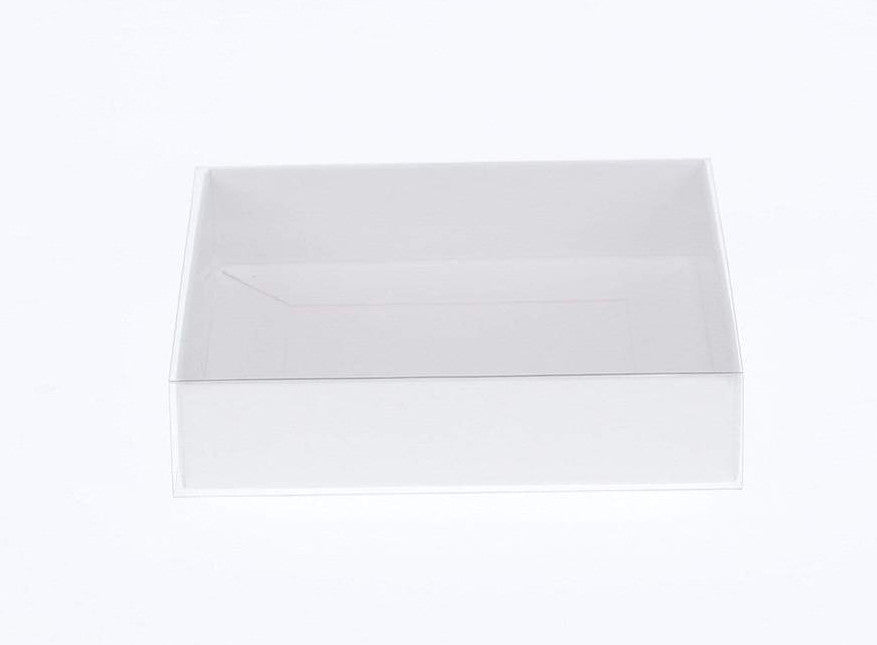 100 Pack of 8cm Square Wedding Invitation Coaster Favor Function product Presentation Cookie Biscuit Patisserie Gift Box - 2cm deep - White Card with Clear Slide On PVC Lid