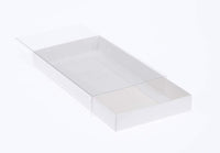 Thumbnail for 100 Pack of White Card Box - Clear Slide On Lid - 25 x 25 x 6cm - Large Beauty Product Gift Giving Hamper Tray Merch Fashion Cake Sweets Xmas