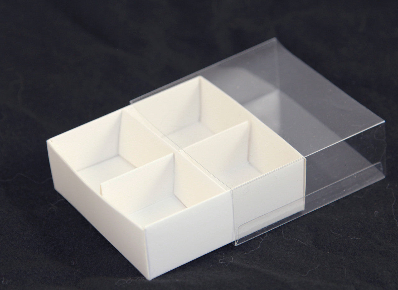 50 Pack of White Card Chocolate Sweet Soap Product Reatail Gift Box - 4 Bay Compartments - Clear Slide On Lid - 8x8x3cm