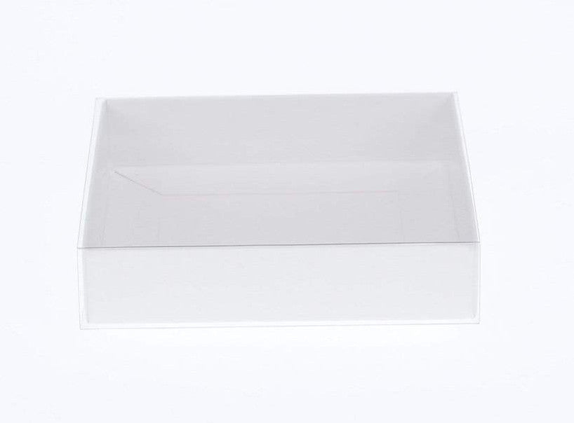 50 Pack of White Card Box - Clear Slide On Lid - 25 x 25 x 6cm - Large Beauty Product Gift Giving Hamper Tray Merch Fashion Cake Sweets Xmas