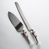 Thumbnail for Bride Groom Cake Server Set Wedding Cake Knife and Silver Blade Server Set Boxed - Bride Groom Handles