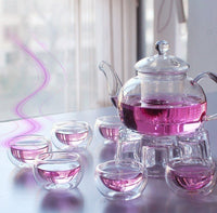 Thumbnail for 1 Set of Gongfu Chinese Ceremony Tea Set - 6 Glass cups with Infuser and Tealight Candle Pot Warmer