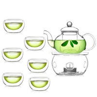 Thumbnail for 1 Set of Gongfu Chinese Ceremony Tea Set - 6 Glass cups with Infuser and Tealight Candle Pot Warmer