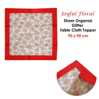 Thumbnail for Christmas Red Joyful Floral Sheer Organza Glitter Table Cloth Topper 90 x 90 cm