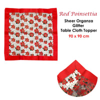 Thumbnail for Christmas Red Poinsettia Sheer Organza Glitter Table Cloth Topper 90 x 90 cm