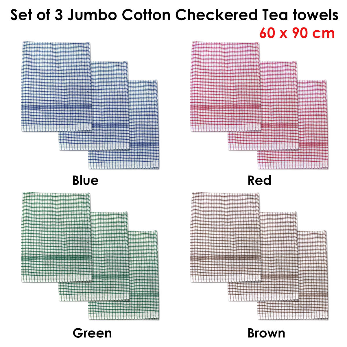 Set of 3 Jumbo Cotton Checkered Tea Towels 60 x 90 cm Red