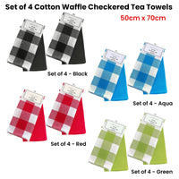 Thumbnail for Set of 4 Cotton Waffle Checkered & Plain Dyed Tea Towels 50cm x 70cm Black