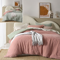 Thumbnail for Vintage Design Homewares Hugo Reversible Clay Sage Cotton Gauze Quilt Cover Set Super King