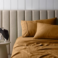 Thumbnail for Vintage Design Homewares Ochre Vintage Washed Linen Cotton Blend Sheet Set King