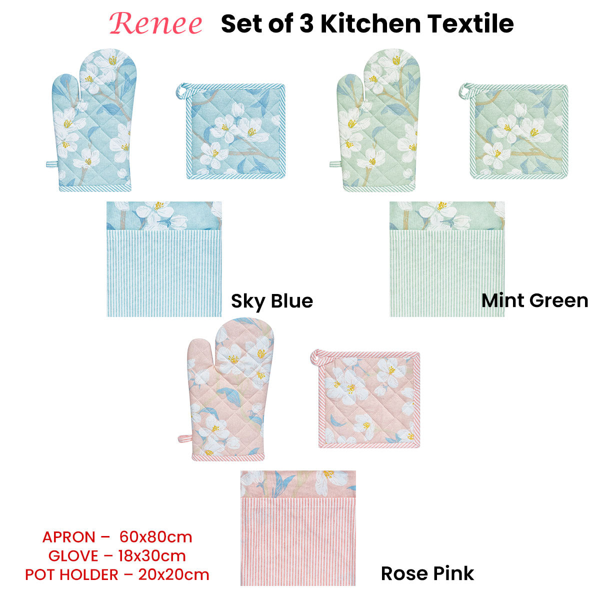 Set of 3 Renee Cotton Cover Kitchen Textile Sky Blue