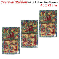 Thumbnail for Set of 3 Festival Ribbon Christmas 100% Linen Tea Towels 45 x 72 cm