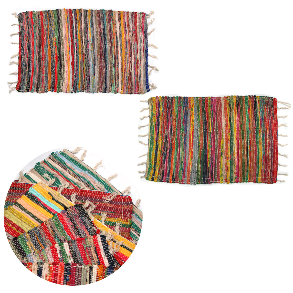 Set of 2 Random Colour Hand Made Cotton Rich Chindi Floor Rugs 60 x 90 cm