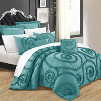 Thumbnail for Ramesses Floral Ruffled Teal 7 Pcs Deluxe Comforter Set Queen
