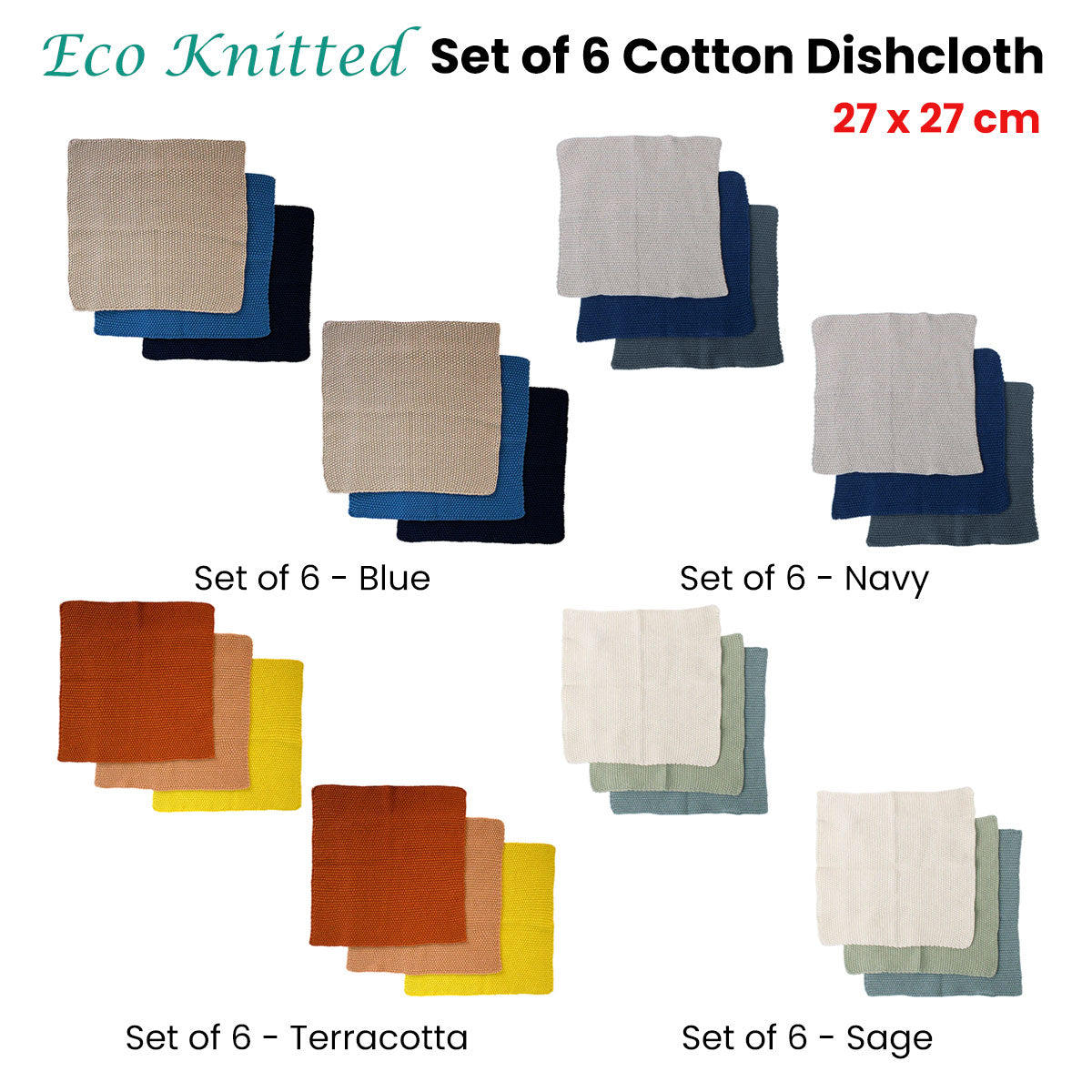 Ladelle Set of 6 Eco Knitted Cotton Dishcloth 27 x 27cm Blue