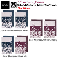 Thumbnail for Ladelle Set of 4 Homespun Flower Cotton Kitchen Tea Towels 50 x 70 cm Mulberry