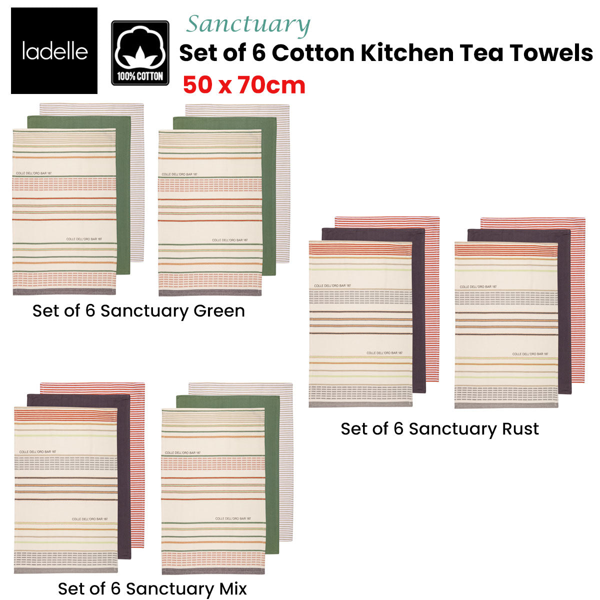 Ladelle Set of 6 Sanctuary Cotton Kitchen Tea Towels 50 x 70 cm Green