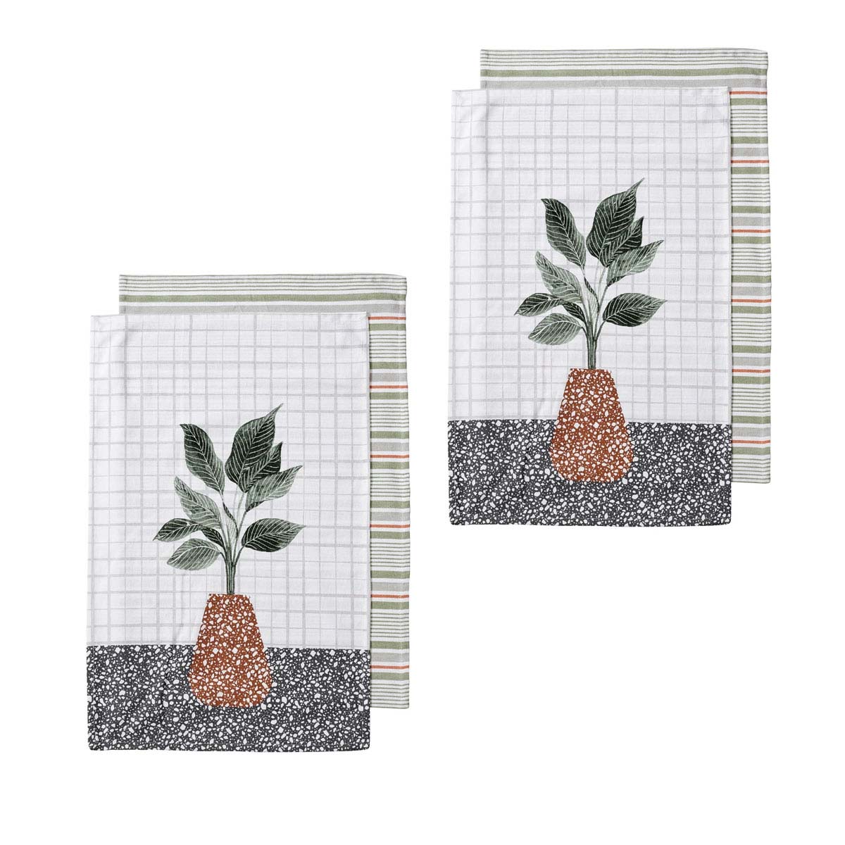 Ladelle Revive Plants Set of 4 Cotton Kitchen Towels Brown Pot