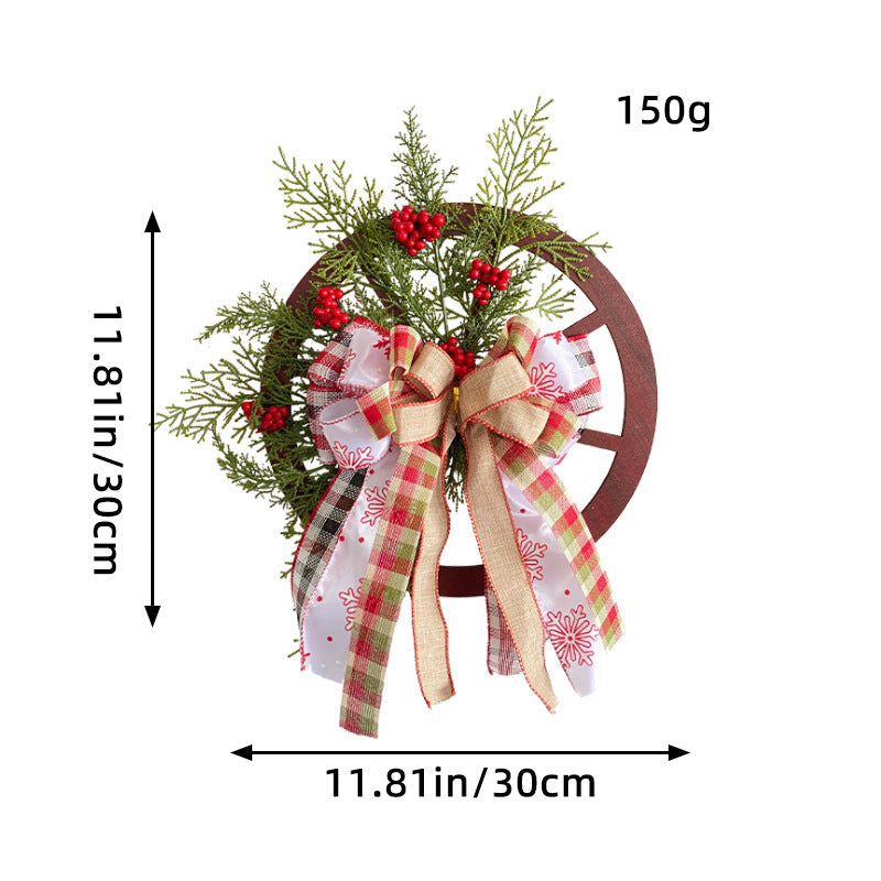 Christmas Red Wooden Wheel Wreath Front Door Hanging Garland Wall Decor(30*30cm)