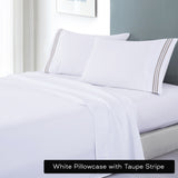 Thumbnail for soft microfibre embroidered stripe sheet set double white sheet taupe stripe