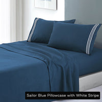 Thumbnail for soft microfibre embroidered stripe sheet set king single sailor blue pillowcase white stripe