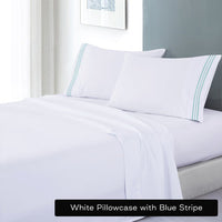 Thumbnail for soft microfibre embroidered stripe sheet set kingle single white pillowcase blue stripe