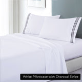 Thumbnail for white soft microfibre sheet set with colourful embroidered stripe king charcoal stripe