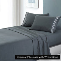 Thumbnail for soft microfibre embroidered stripe sheet set queen charcoal pillowcase white stripe