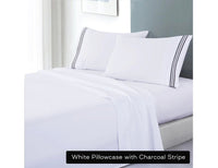Thumbnail for soft microfibre embroidered stripe sheet set queen white pillowcase charcoal stripe