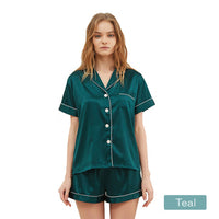 Thumbnail for 2pc satin short women pajamas set small teal