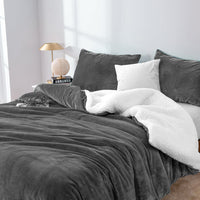 Thumbnail for 2 in 1 teddy sherpa duvet cover set and blanket king charcoal