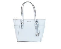 Thumbnail for Blue Leather Tote Bag with MK Logo Charm and Exterior Pocket One Size Women