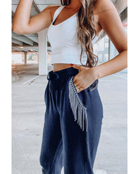 Thumbnail for Azura Exchange Rhinestone Trim Drawstring Jogger Pants - M
