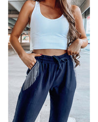 Thumbnail for Azura Exchange Rhinestone Trim Drawstring Jogger Pants - M