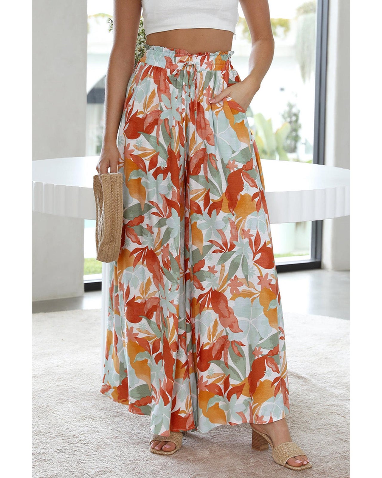 Azura Exchange Floral Print Drawstring High Waist Wide Leg Pants - M