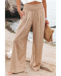 Thumbnail for Azura Exchange Smocked High Waist Wide Leg Pants in Khaki - M