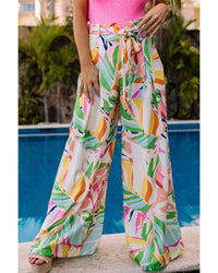 Thumbnail for Azura Exchange Tropical Leafy Print Wide Leg Pants with Belt - XL