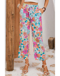 Thumbnail for Azura Exchange Flower Print Pocketed Drawstring Waist Wide Leg Pants - S