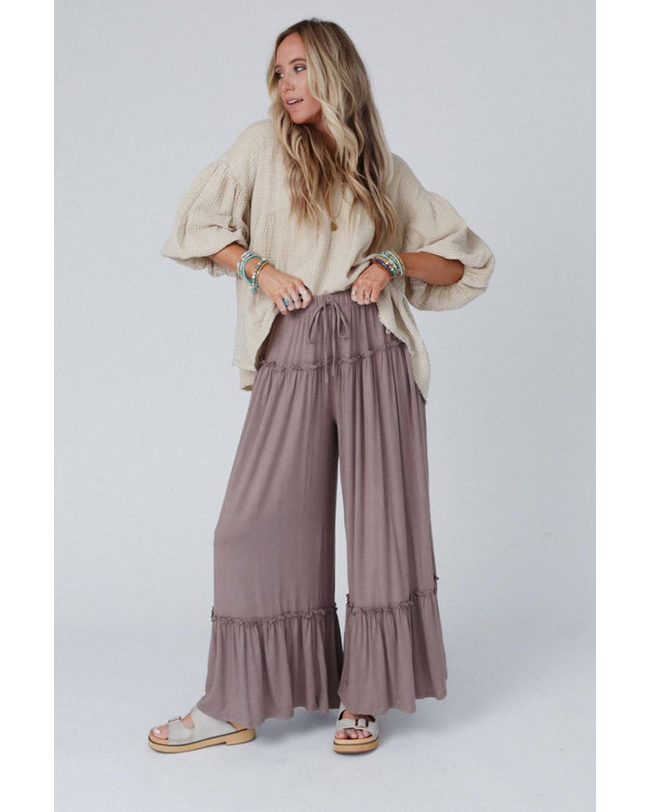 Azura Exchange Frilled Drawstring High Waist Wide Leg Pants - L