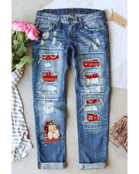 Thumbnail for Azura Exchange Distressed Boyfriend Jeans with Santa Claus Pattern - M