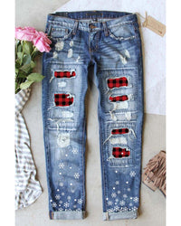 Thumbnail for Azura Exchange Plaid Patch Snowflake Distressed Straight Jeans - S