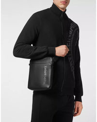 Thumbnail for Faux Leather Shoulder Bag with Contrasting Brand Logo and Zipper Closure One Size Men