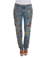 Thumbnail for Blue Wash Crystal Heart Roses Embellished Enchanted Sicily Boyfriend Fit Jeans 38 IT Women