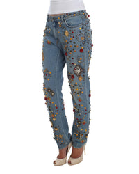 Thumbnail for Blue Wash Crystal Heart Roses Embellished Enchanted Sicily Boyfriend Fit Jeans 38 IT Women
