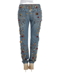 Thumbnail for Blue Wash Crystal Heart Roses Embellished Enchanted Sicily Boyfriend Fit Jeans 38 IT Women